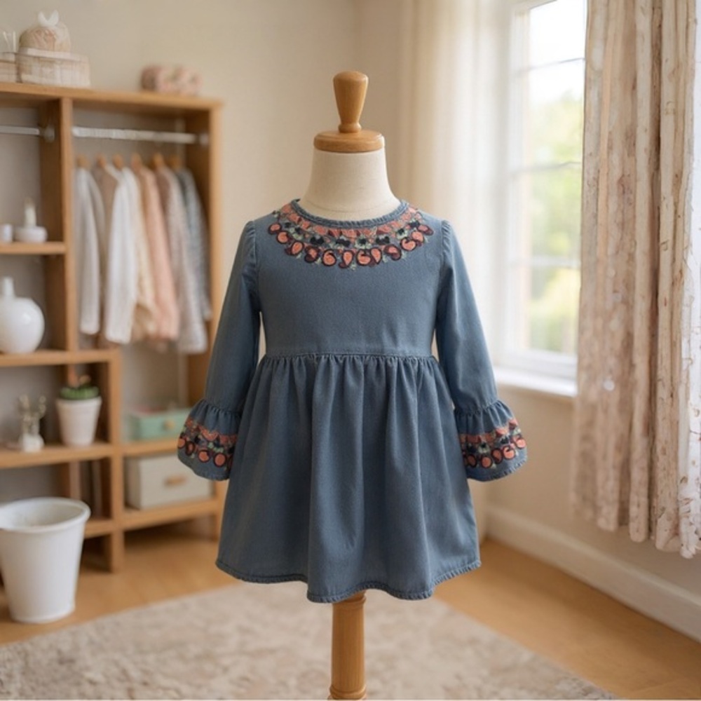 PEEK TODDER GIRL DENIM EMBROIDERED DRESS
